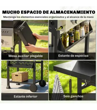 Barbacoa de Gas con 3 Quemadores Termómetro Parrilla Mesas Laterales Plegables Estante y Ruedas 123x57x102 cm Negro