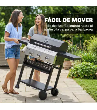Barbacoa de Gas con 3 Quemadores Termómetro Parrilla Mesas Laterales Plegables Estante y Ruedas 123x57x102 cm Negro
