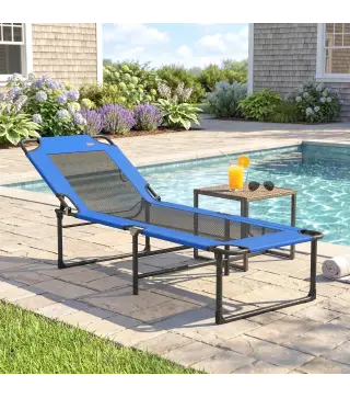 Tumbona Plegable con Respaldo Ajustable en 4 Posiciones Asas y Respaldo de Textilene Carga 120 kg 175x58x68 cm Azul