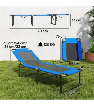 Tumbona Plegable con Respaldo Ajustable en 4 Posiciones Asas y Respaldo de Textilene Carga 120 kg 175x58x68 cm Azul