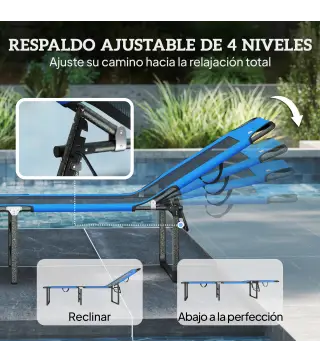 Tumbona Plegable con Respaldo Ajustable en 4 Posiciones Asas y Respaldo de Textilene Carga 120 kg 175x58x68 cm Azul