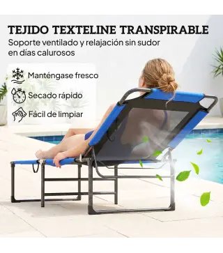 Tumbona Plegable con Respaldo Ajustable en 4 Posiciones Asas y Respaldo de Textilene Carga 120 kg 175x58x68 cm Azul