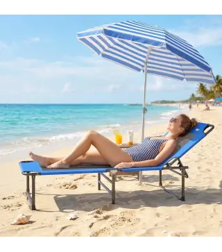 Tumbona Plegable con Respaldo Ajustable en 4 Posiciones Asas y Respaldo de Textilene Carga 120 kg 175x58x68 cm Azul