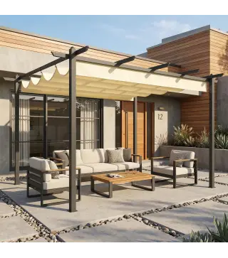 Pérgola de Jardín 4x3 m con Techo Retráctil Estructura de Aluminio UPF30+ Orificios de Drenaje Pabellón Exterior Crema