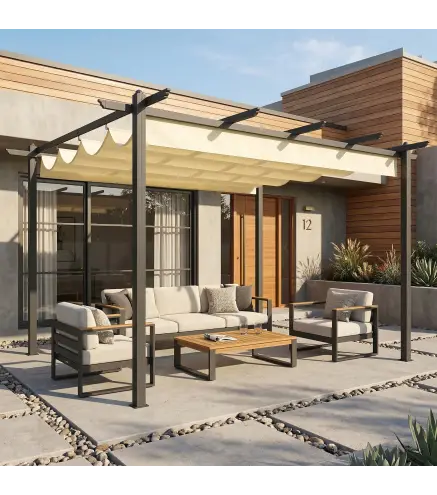 Pérgola de Jardín 4x3 m con Techo Retráctil Estructura de Aluminio UPF30+ Orificios de Drenaje Pabellón Exterior Crema