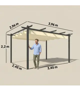 Pérgola de Jardín 4x3 m con Techo Retráctil Estructura de Aluminio UPF30+ Orificios de Drenaje Pabellón Exterior Crema
