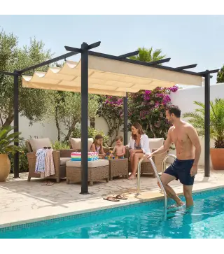 Pérgola de Jardín 4x3 m con Techo Retráctil Estructura de Aluminio UPF30+ Orificios de Drenaje Pabellón Exterior Crema