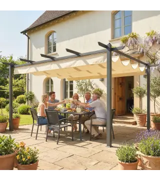 Pérgola de Jardín 4x3 m con Techo Retráctil Estructura de Aluminio UPF30+ Orificios de Drenaje Pabellón Exterior Crema