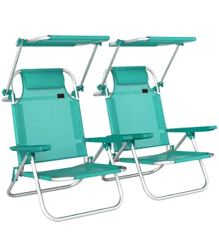 Juego de 2 Sillas de Playa Plegables con Dosel Ajustable Respaldo Reclinable en 6 Posiciones Reposacabezas Turquesa