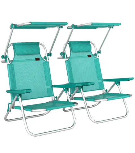 Juego de 2 Sillas de Playa Plegables con Dosel Ajustable Respaldo Reclinable en 6 Posiciones Reposacabezas Turquesa