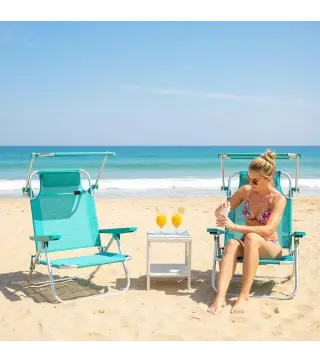 Juego de 2 Sillas de Playa Plegables con Dosel Ajustable Respaldo Reclinable en 6 Posiciones Reposacabezas Turquesa