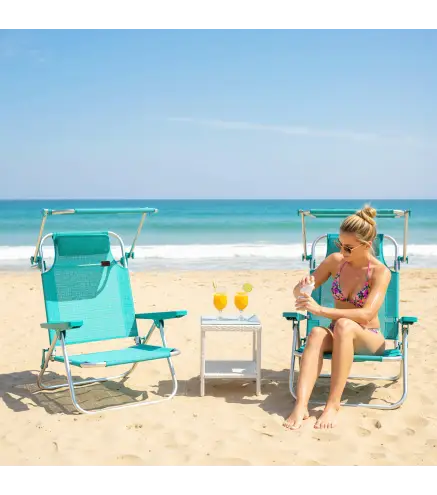 Juego de 2 Sillas de Playa Plegables con Dosel Ajustable Respaldo Reclinable en 6 Posiciones Reposacabezas Turquesa