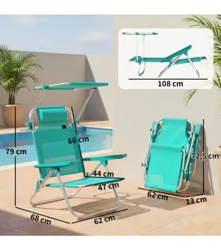 Juego de 2 Sillas de Playa Plegables con Dosel Ajustable Respaldo Reclinable en 6 Posiciones Reposacabezas Turquesa