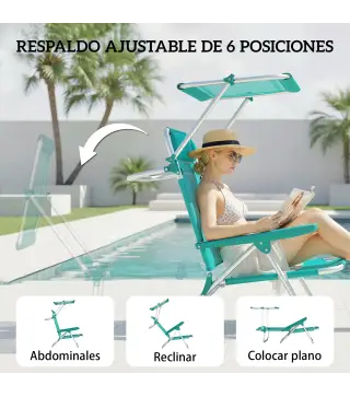 Juego de 2 Sillas de Playa Plegables con Dosel Ajustable Respaldo Reclinable en 6 Posiciones Reposacabezas Turquesa