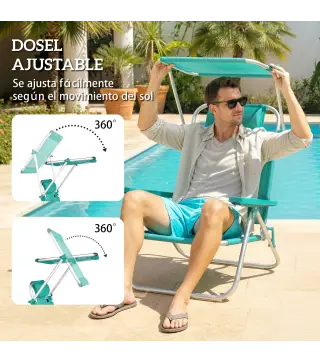 Juego de 2 Sillas de Playa Plegables con Dosel Ajustable Respaldo Reclinable en 6 Posiciones Reposacabezas Turquesa