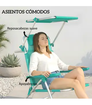 Juego de 2 Sillas de Playa Plegables con Dosel Ajustable Respaldo Reclinable en 6 Posiciones Reposacabezas Turquesa