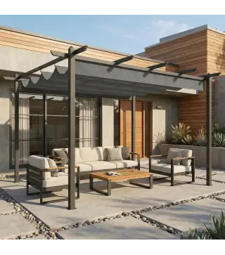 Pérgola de Jardín 4x3 m con Techo Retráctil Estructura de Aluminio UPF30+ Orificios de Drenaje Pabellón Exterior Gris