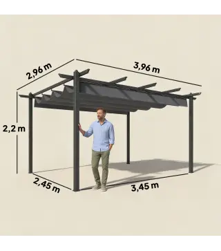 Pérgola de Jardín 4x3 m con Techo Retráctil Estructura de Aluminio UPF30+ Orificios de Drenaje Pabellón Exterior Gris