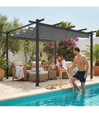 Pérgola de Jardín 4x3 m con Techo Retráctil Estructura de Aluminio UPF30+ Orificios de Drenaje Pabellón Exterior Gris