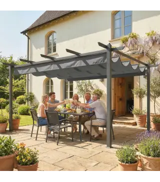 Pérgola de Jardín 4x3 m con Techo Retráctil Estructura de Aluminio UPF30+ Orificios de Drenaje Pabellón Exterior Gris