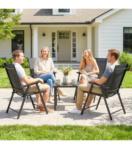 Conjunto de 4 Sillas de Jardín Exterior Plegables con Respaldo Alto y Reposabrazos para Terraza Playa 58x62x97 cm Negro