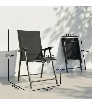 Conjunto de 4 Sillas de Jardín Exterior Plegables con Respaldo Alto y Reposabrazos para Terraza Playa 58x62x97 cm Negro