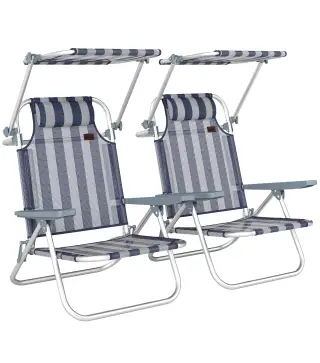 Juego de 2 Sillas de Playa Plegables con Dosel Ajustable Respaldo Reclinable 6 Posiciones Reposacabezas Azul y Blanco