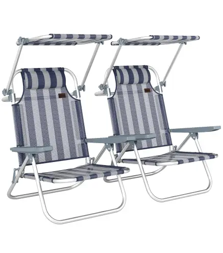 Juego de 2 Sillas de Playa Plegables con Dosel Ajustable Respaldo Reclinable 6 Posiciones Reposacabezas Azul y Blanco