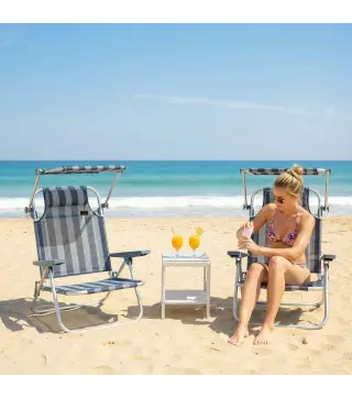 Juego de 2 Sillas de Playa Plegables con Dosel Ajustable Respaldo Reclinable 6 Posiciones Reposacabezas Azul y Blanco