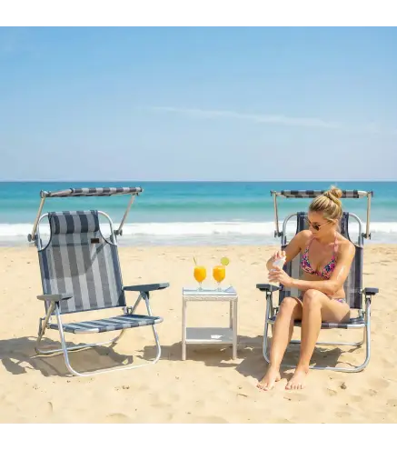 Juego de 2 Sillas de Playa Plegables con Dosel Ajustable Respaldo Reclinable 6 Posiciones Reposacabezas Azul y Blanco