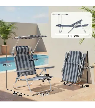 Juego de 2 Sillas de Playa Plegables con Dosel Ajustable Respaldo Reclinable 6 Posiciones Reposacabezas Azul y Blanco