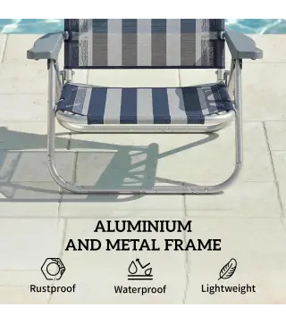 Juego de 2 Sillas de Playa Plegables con Dosel Ajustable Respaldo Reclinable 6 Posiciones Reposacabezas Azul y Blanco