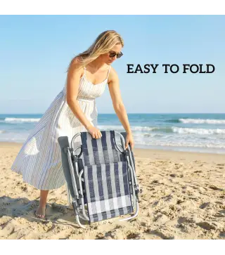 Juego de 2 Sillas de Playa Plegables con Dosel Ajustable Respaldo Reclinable 6 Posiciones Reposacabezas Azul y Blanco