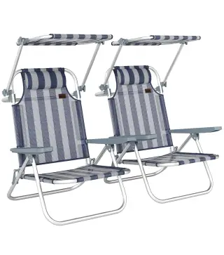 Juego de 2 Sillas de Playa Plegables con Dosel Ajustable Respaldo Reclinable 6 Posiciones Reposacabezas Azul y Blanco