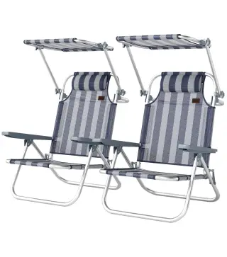 Juego de 2 Sillas de Playa Plegables con Dosel Ajustable Respaldo Reclinable 6 Posiciones Reposacabezas Azul y Blanco