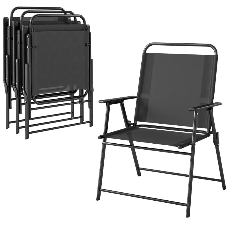 Pack de 4 Sillas de Camping Plegables con Respaldo Alto Asiento Ancho y Reposabrazos Tela Textilene Transpirable Negro