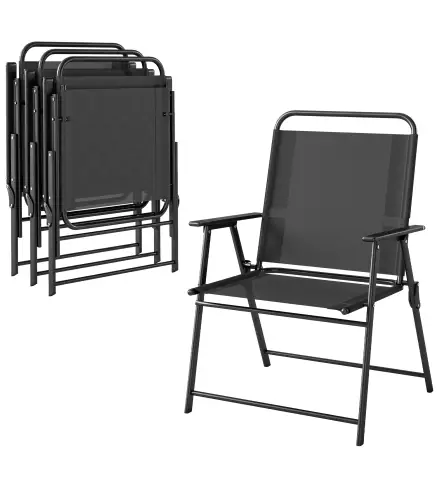 Pack de 4 Sillas de Camping Plegables con Respaldo Alto Asiento Ancho y Reposabrazos Tela Textilene Transpirable Negro