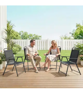 Pack de 4 Sillas de Camping Plegables con Respaldo Alto Asiento Ancho y Reposabrazos Tela Textilene Transpirable Negro