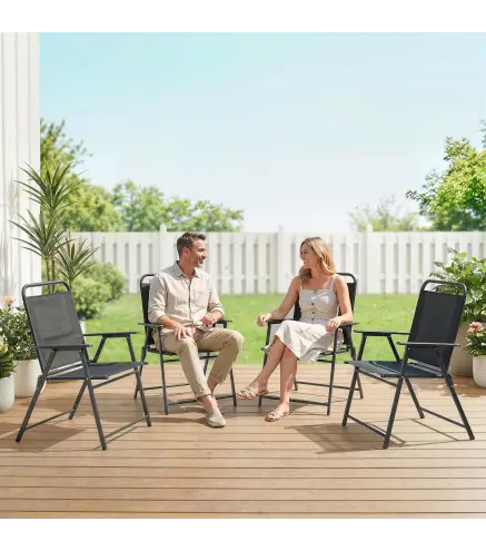 Pack de 4 Sillas de Camping Plegables con Respaldo Alto Asiento Ancho y Reposabrazos Tela Textilene Transpirable Negro