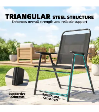 Pack de 4 Sillas de Camping Plegables con Respaldo Alto Asiento Ancho y Reposabrazos Tela Textilene Transpirable Negro