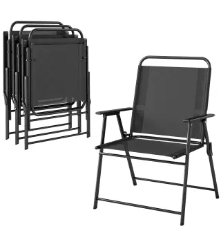 Pack de 4 Sillas de Camping Plegables con Respaldo Alto Asiento Ancho y Reposabrazos Tela Textilene Transpirable Negro
