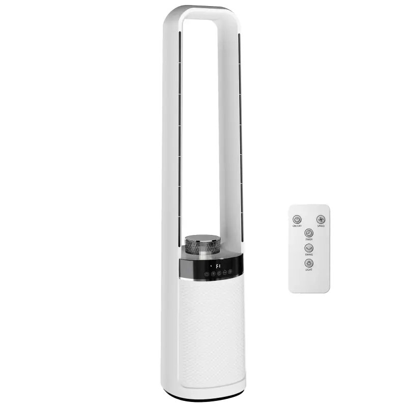 Ventilador de Torre Silencioso sin Aspas con Luces LED de 4 Colores Mando a Distancia Temporizador de 12 horas Blanco