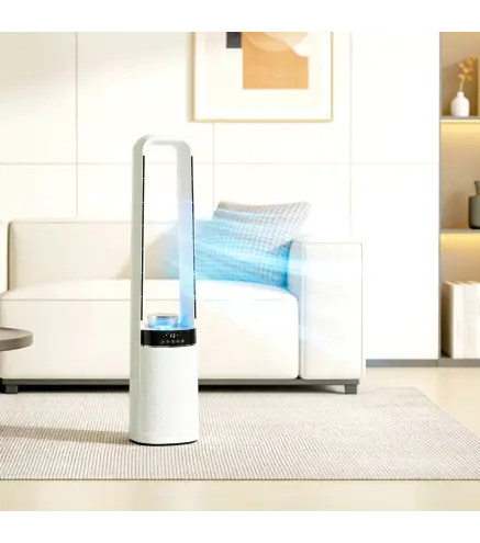 Ventilador de Torre Silencioso sin Aspas con Luces LED de 4 Colores Mando a Distancia Temporizador de 12 horas Blanco