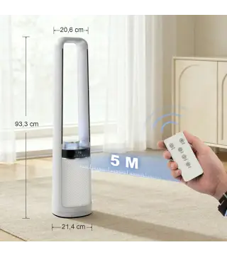 Ventilador de Torre Silencioso sin Aspas con Luces LED de 4 Colores Mando a Distancia Temporizador de 12 horas Blanco