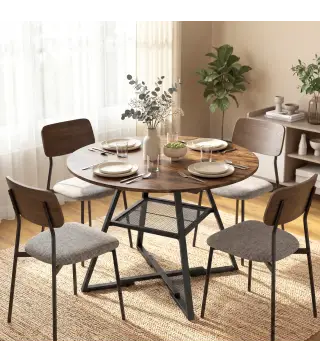 Mesa de Comedor Redonda para 4 Personas con Estante Marco Metálico para Sala de Estar Ø100x76 cm Marrón Rústico