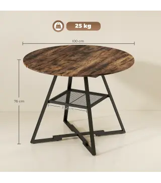 Mesa de Comedor Redonda para 4 Personas con Estante Marco Metálico para Sala de Estar Ø100x76 cm Marrón Rústico
