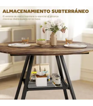 Mesa de Comedor Redonda para 4 Personas con Estante Marco Metálico para Sala de Estar Ø100x76 cm Marrón Rústico
