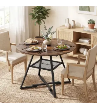 Mesa de Comedor Redonda para 4 Personas con Estante Marco Metálico para Sala de Estar Ø100x76 cm Marrón Rústico