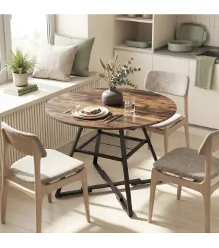 Mesa de Comedor Redonda para 4 Personas con Estante Marco Metálico para Sala de Estar Ø100x76 cm Marrón Rústico