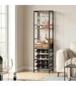 Mueble de Bar para Vinos con Soporte de Copas y Cajón Botellero para 12 Botellas con Estante Abierto Marrón Rústico